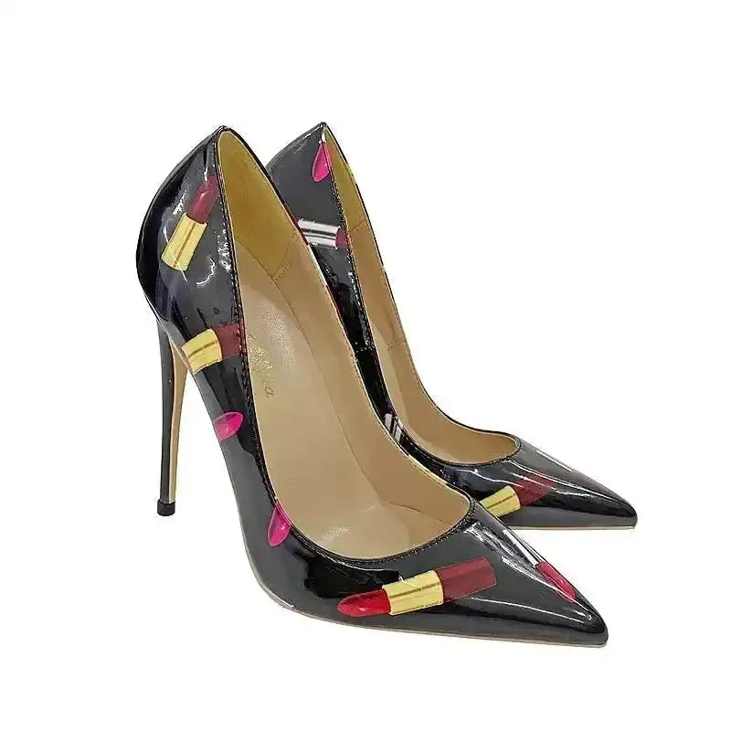 FashionFitz Lipstick Graffiti Heels with sleek pointed toe and vibrant lipstick print, crafted for bold, confident women.