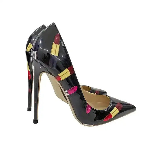 Bold Lipstick Graffiti Heels Stilettos with glossy black PU leather and colorful lipstick print, perfect for standout fashion looks.