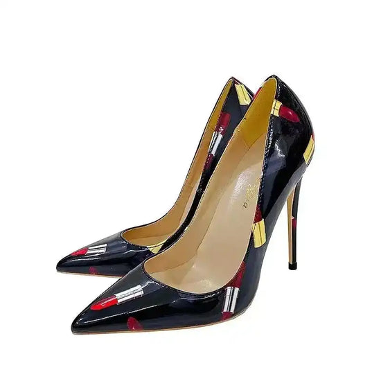 FashionFitz Exclusive Lipstick Graffiti Stiletto Pumps featuring pointed toes and vibrant lipstick graphics for bold, trendy outfits.