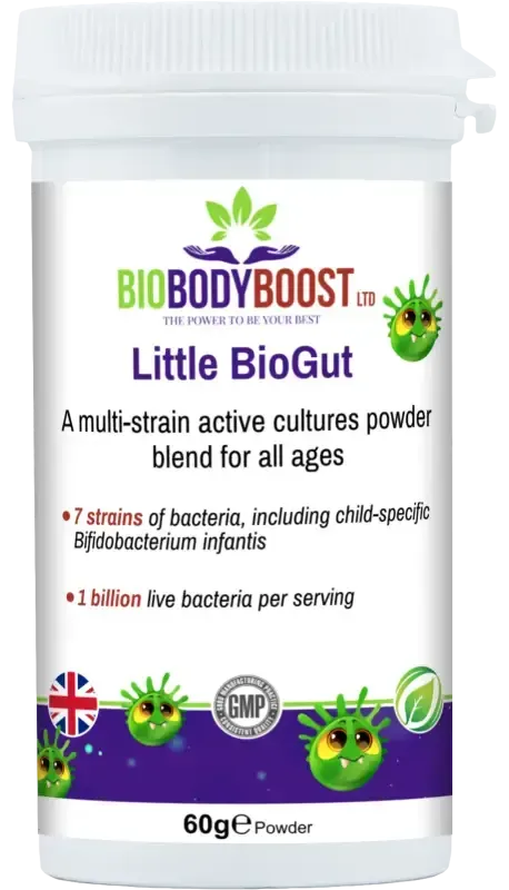 Little BioGut Vegan Kids Probiotics — multi-strain live cultures with prebiotic support, gentle vegan formula for children, BioBodyBoost UK