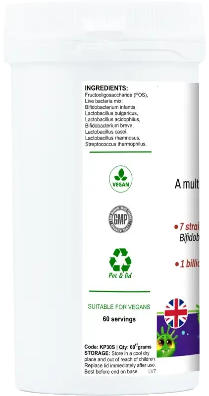 Back label of Little BioGut Kids Probiotics showing probiotic strains, prebiotic ingredients and dosage for children
