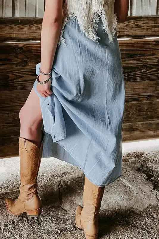 Long Denim Skirt - Mist Blue Fully Buttoned - Fashionfitz