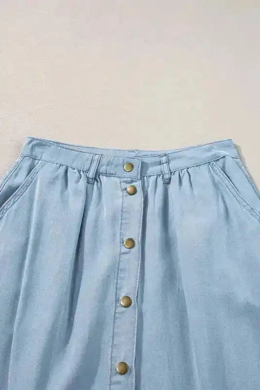 Long Denim Skirt - Mist Blue Fully Buttoned - Fashionfitz