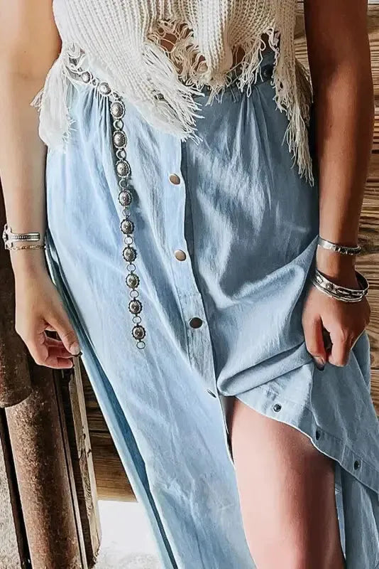 Long Denim Skirt - Mist Blue Fully Buttoned - Fashionfitz