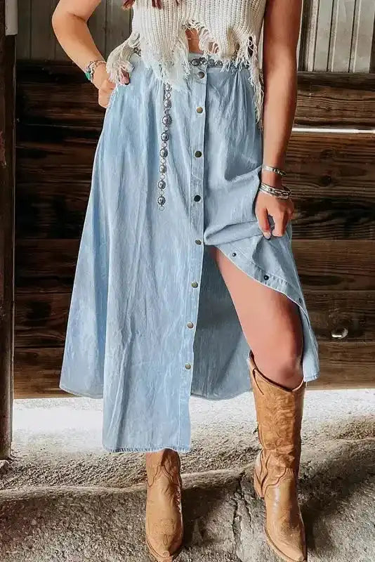 Long Denim Skirt - Mist Blue Fully Buttoned - Fashionfitz