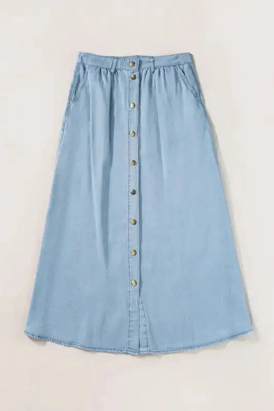 Long Denim Skirt - Mist Blue Fully Buttoned - Fashionfitz