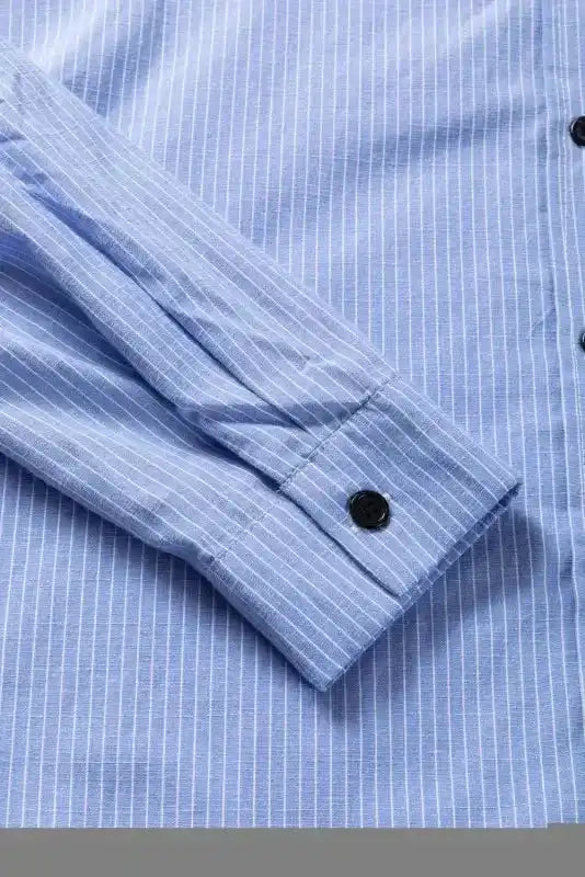 Long Shirt - Sky Blue Stripe Roll-tab Sleeve - Fashionfitz