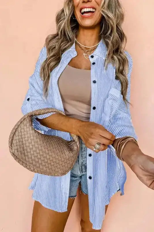 Sky Blue Striped Roll-Tab Sleeve Long Shirt Women UK — front view showing classic sky blue stripe pattern and shirt collar — Fashionfitz