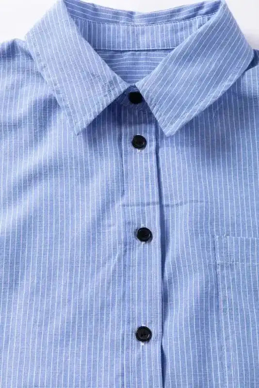 Close-up of Sky Blue Striped Long Shirt showing roll-tab sleeve tab closure and crisp stripe pattern — Fashionfitz