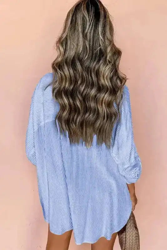 Back view of Sky Blue Striped Roll-Tab Sleeve Long Shirt showing long shirt length and relaxed silhouette — Fashionfitz