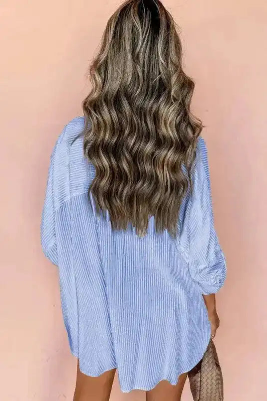 Long Shirt - Sky Blue Stripe Roll-tab Sleeve - Fashionfitz