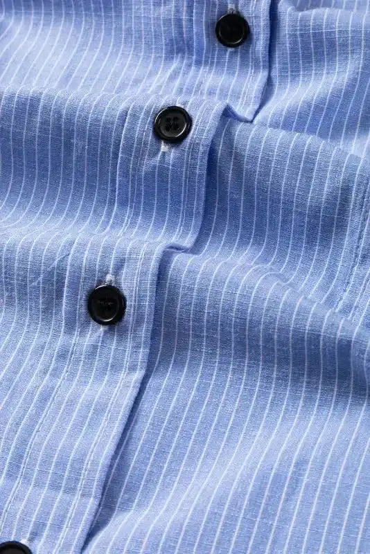 Sky Blue Striped Roll-Tab Sleeve Long Shirt Women UK styled as a smart-casual summer outfit — Fashionfitz
