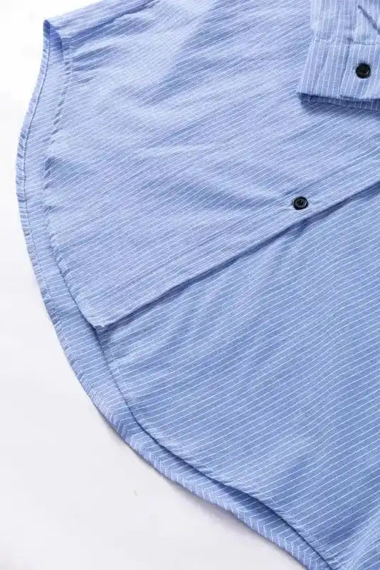 Long Shirt - Sky Blue Stripe Roll-tab Sleeve - Fashionfitz