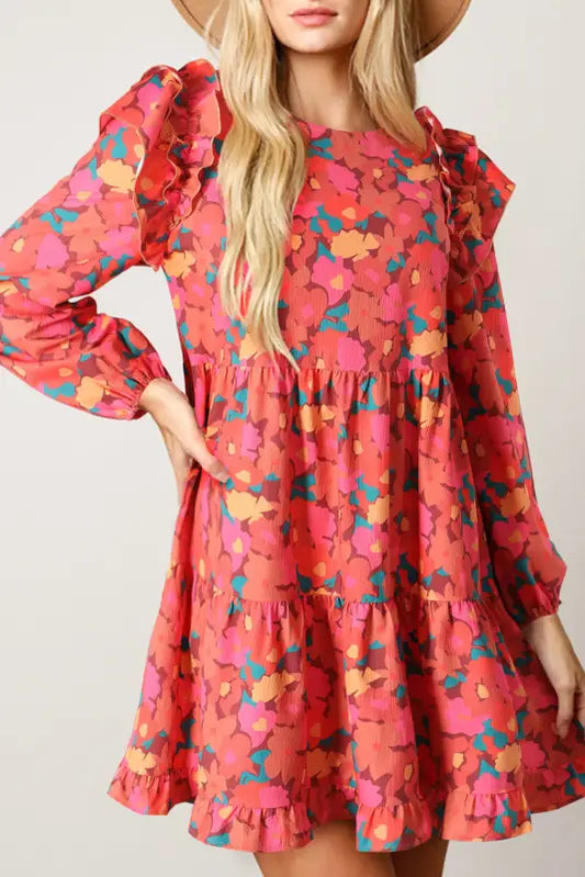 Long sleeve floral mini dress - rose red / s / 100% polyester - dresses