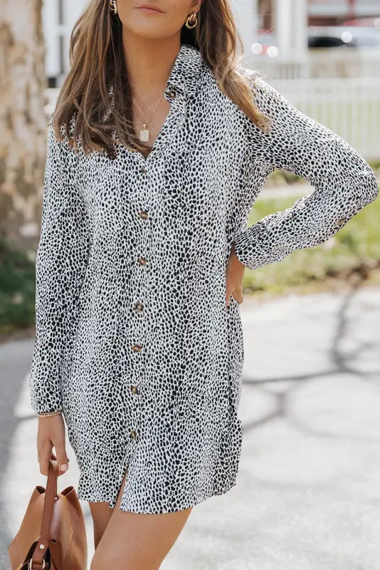 Long sleeve leopard animal print shirt dress - mini dresses