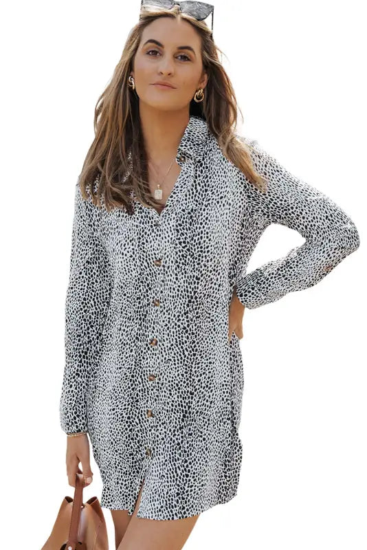 Long sleeve leopard animal print shirt dress - mini dresses