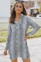 Long Sleeve Leopard Animal Print Shirt Dress - Fashionfitz