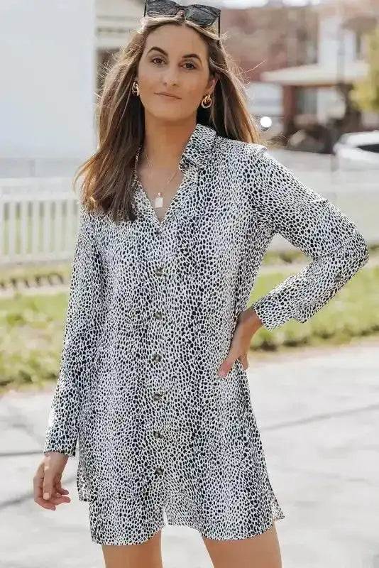 Long Sleeve Leopard Animal Print Shirt Dress - Fashionfitz