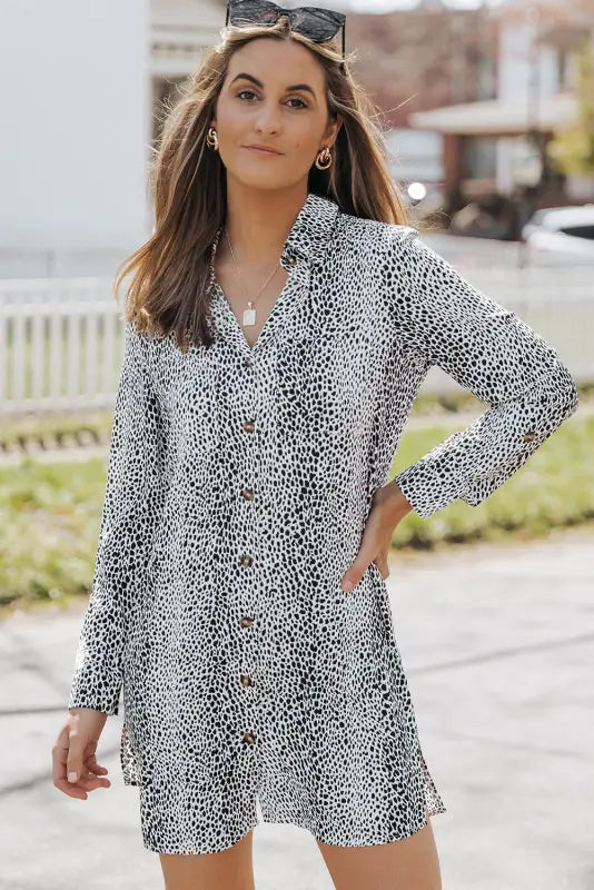 Long sleeve leopard animal print shirt dress - s / 100% polyester - mini dresses