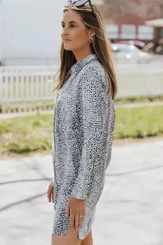 Long Sleeve Leopard Animal Print Shirt Dress - Fashionfitz