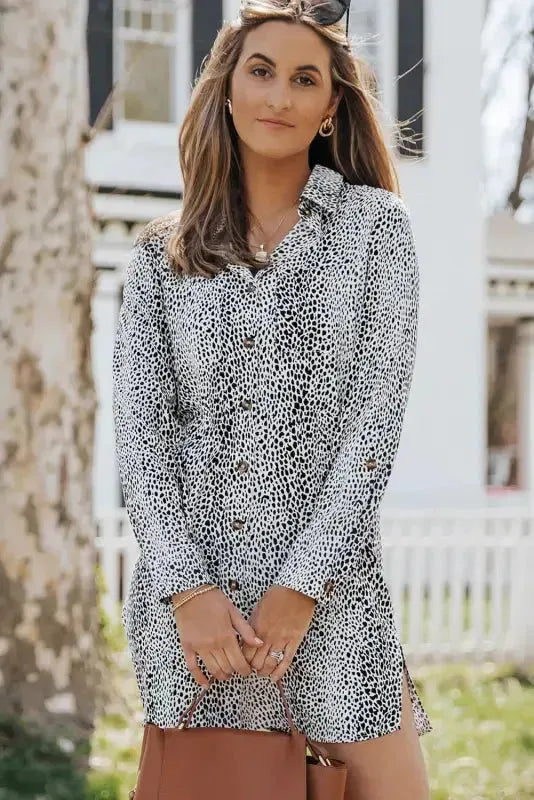 Long Sleeve Leopard Animal Print Shirt Dress - Fashionfitz
