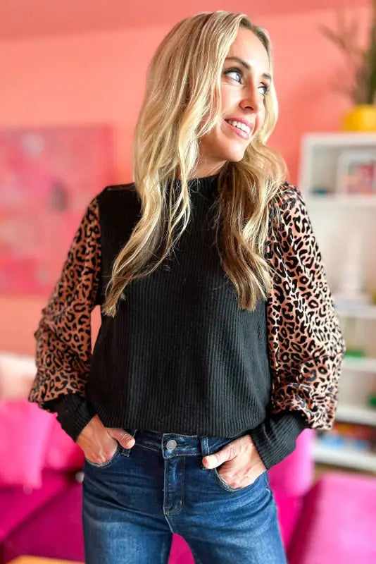 Long sleeve ribbed knit blouse - black leopard print - blouses