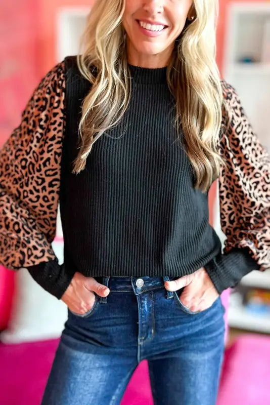 Long sleeve ribbed knit blouse - black leopard print - s / 93% viscose + 7% elastane - blouses