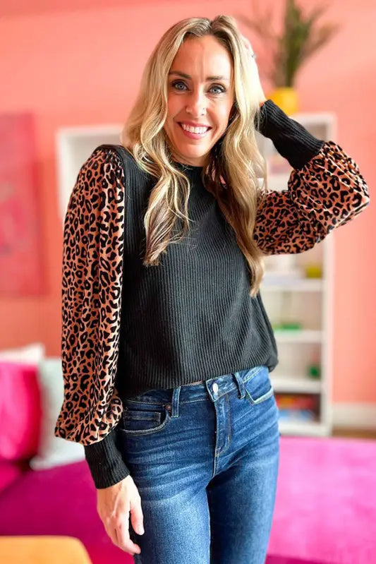 Long sleeve ribbed knit blouse - black leopard print - blouses