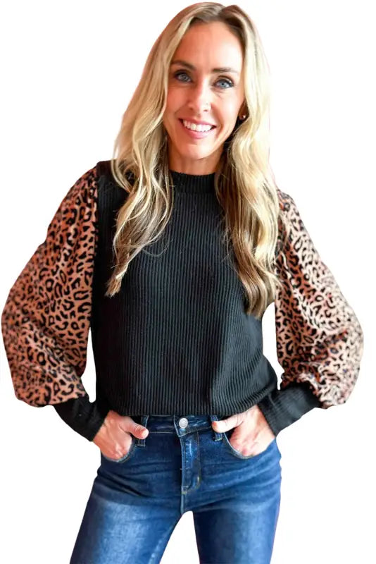 Long sleeve ribbed knit blouse - black leopard print - blouses