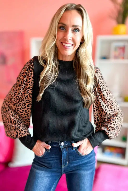 Long sleeve ribbed knit blouse - black leopard print - blouses