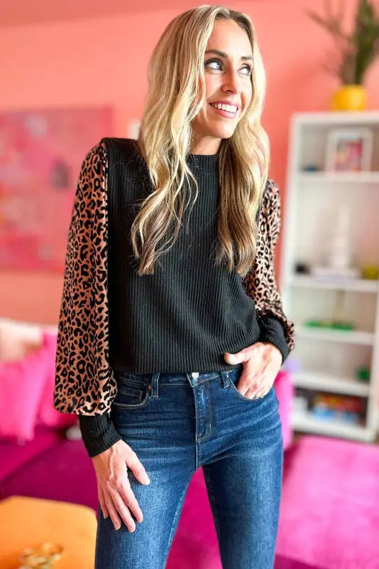 Long sleeve ribbed knit blouse - black leopard print - blouses