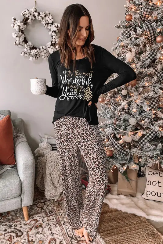 Long sleeve top and leopard print pants lounge set - loungewear