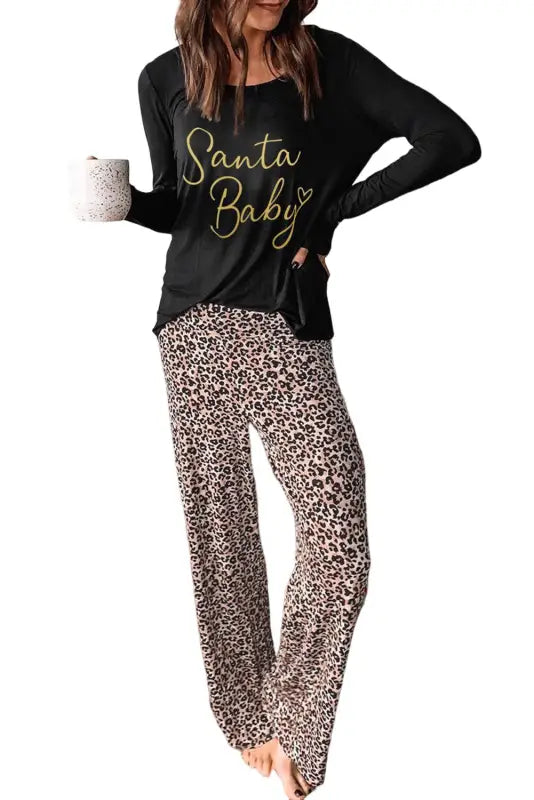 Long sleeve top and leopard print pants lounge set - loungewear