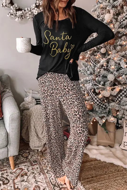 Long sleeve top and leopard print pants lounge set - loungewear