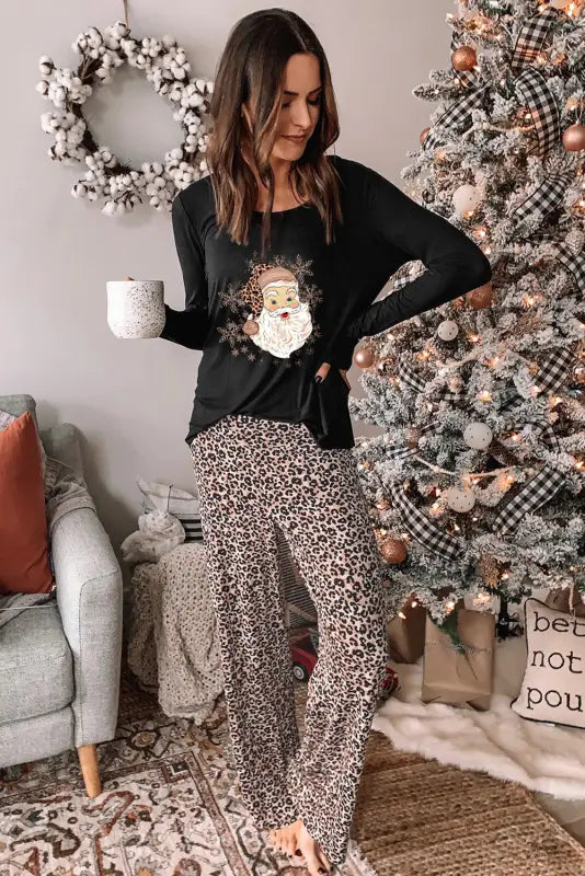 Long sleeve top and leopard print pants lounge set - loungewear