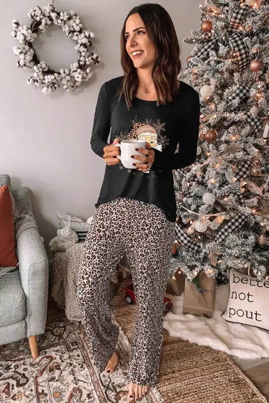 Long sleeve top and leopard print pants lounge set - loungewear