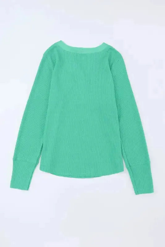 Green Trimmed Neckline Waffle Knit Henley Top - Fashionfitz