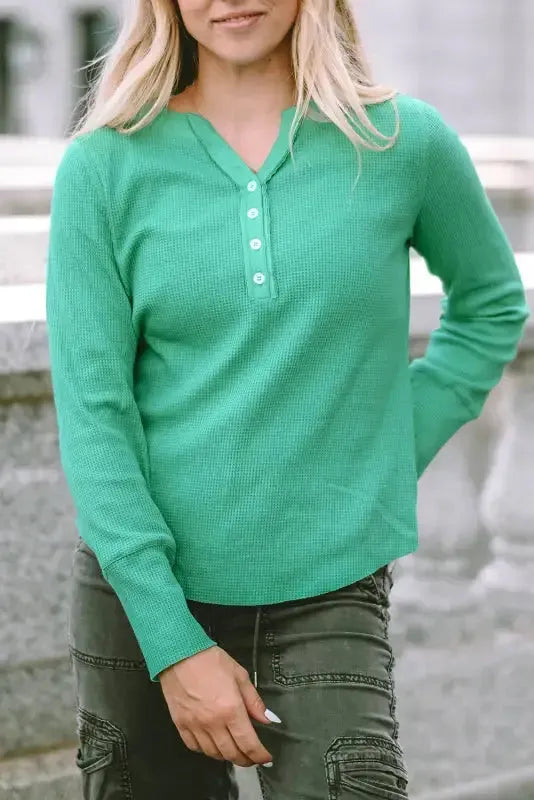 Green Trimmed Neckline Waffle Knit Henley Top - Fashionfitz