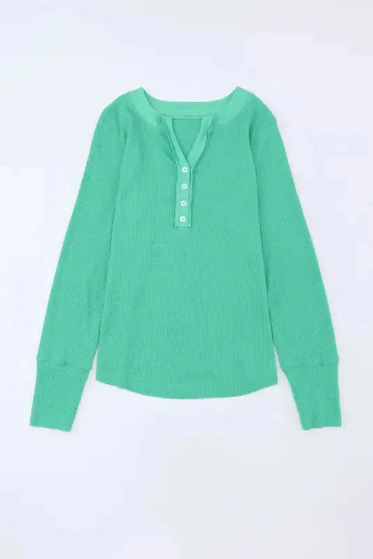 Green Trimmed Neckline Waffle Knit Henley Top - Fashionfitz