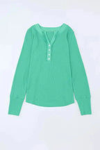 Green Trimmed Neckline Waffle Knit Henley Top - Fashionfitz