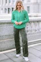 Green Trimmed Neckline Waffle Knit Henley Top - Fashionfitz