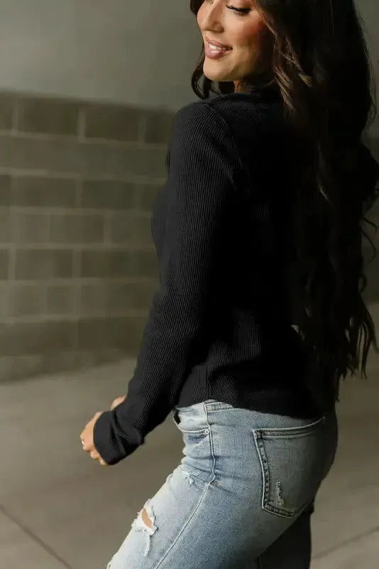 Green Trimmed Neckline Waffle Knit Henley Top - Fashionfitz