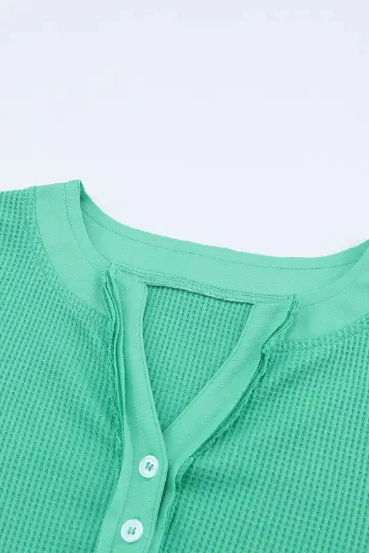 Green Trimmed Neckline Waffle Knit Henley Top - Fashionfitz