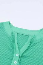 Green Trimmed Neckline Waffle Knit Henley Top - Fashionfitz