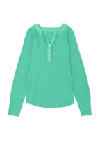 Green Trimmed Neckline Waffle Knit Henley Top - Fashionfitz