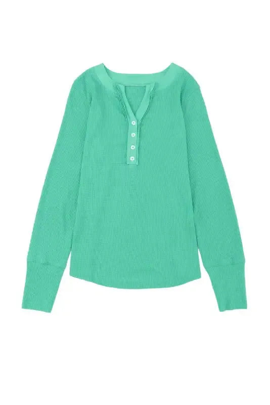 Green Trimmed Neckline Waffle Knit Henley Top - Fashionfitz