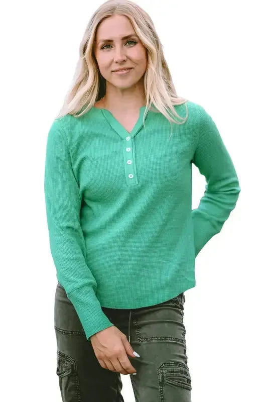Green Trimmed Neckline Waffle Knit Henley Top - Fashionfitz