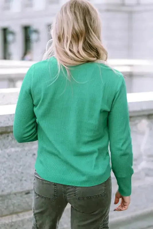Green Trimmed Neckline Waffle Knit Henley Top - Fashionfitz
