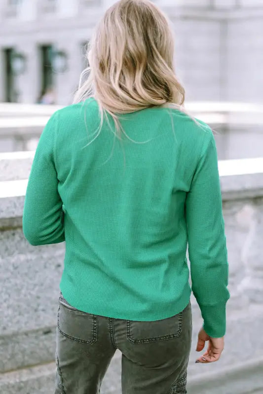 Long sleeve tops green trimmed neckline waffle knit henley