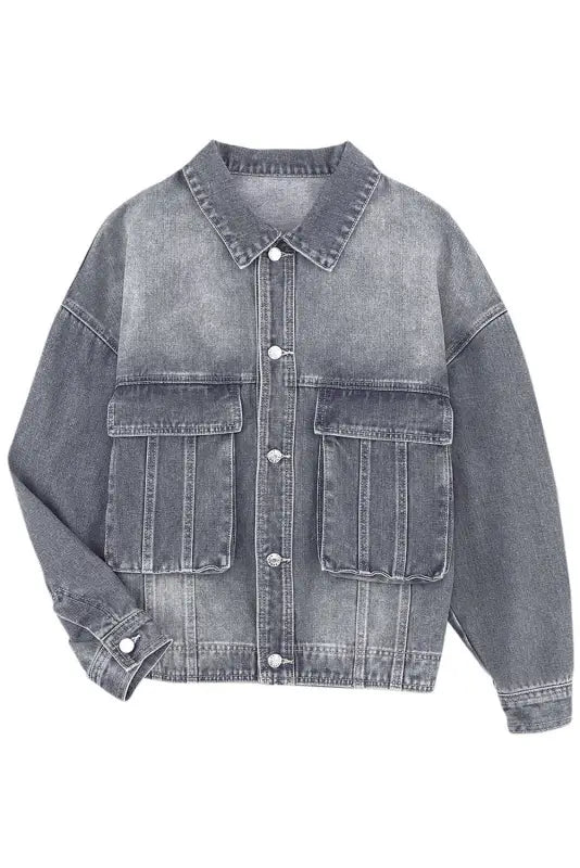 Gray chest pockets drop shoulder loose denim jacket - jackets